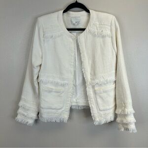 Greylin Womens M Cream Fringe Chambray Blazer Linen Cotton Fringe Preppy Luxury